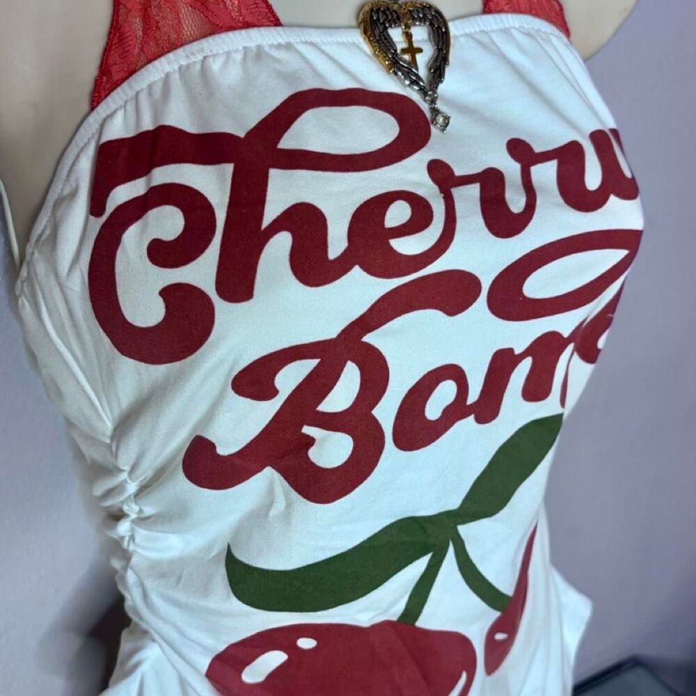 Y2K Cherry Bomb Graphic Lace Halter Top Size Small NWOT